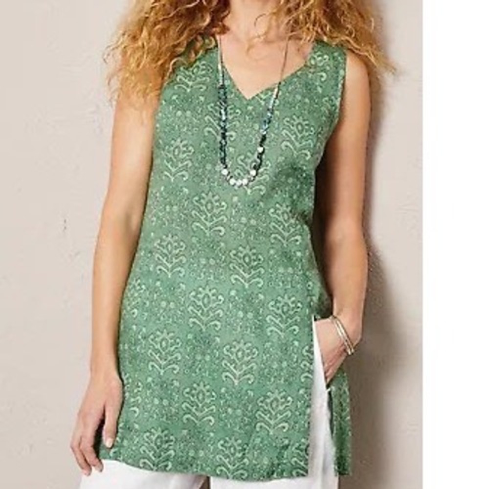 Pure Jill Elements Green Damask Floral 100% Linen V-Neck Tunic Top Small